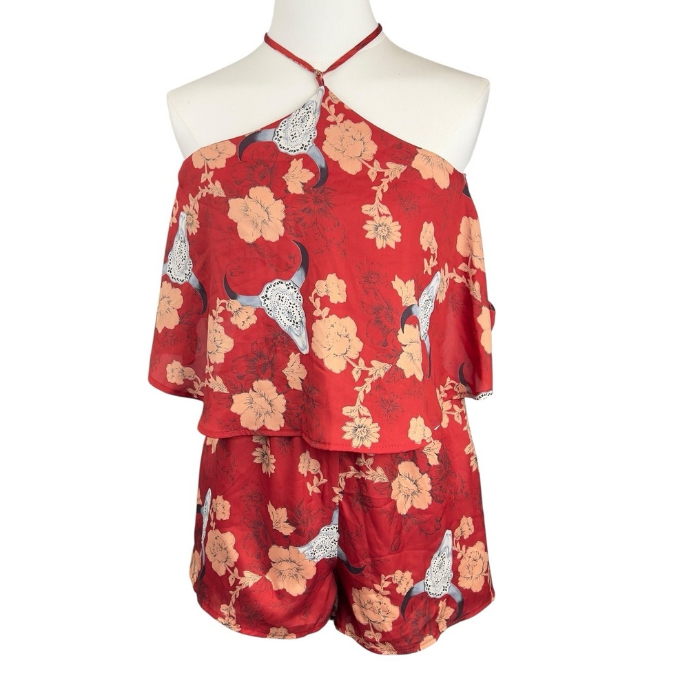 Peach Love‎ Halter Neck Rust Floral Skull Print Open Back Romper Small Festival